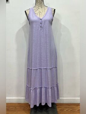 Pact Womens L Coastal Tank Maxi Dress Tiered Pockets Lilac Purple Organic Cotton
